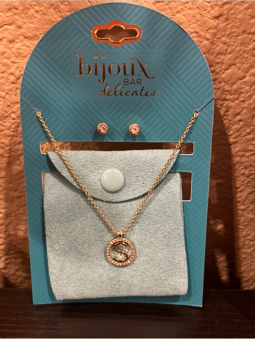 NWT Bijoux Bar Delicates GoldTone 'S' Initial Necklace and Stud Earrings Set